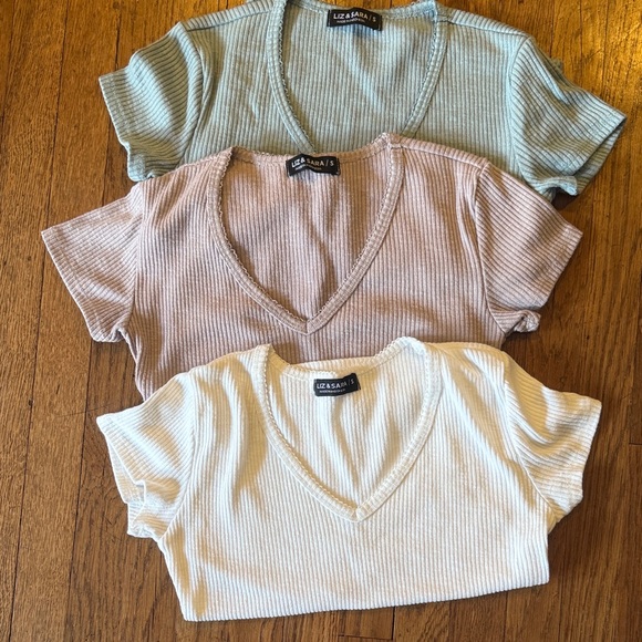 Liz & Sara Tops - Liz & Sarah Ribbed V-Neck Crop Tops - Mint, Blush, and Ivory